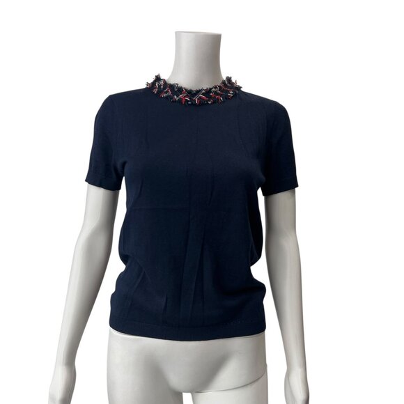 Kate Spade Blue Silk Cotton Tweed Collar T-Shirt size Small - Picture 1 of 8